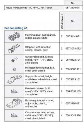 HAWA 057.3139.071 Porta/Divido 100 H, fittings set up to 100kg