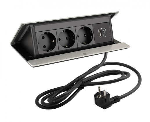 LEGRAND PopUp, 3x230V, 1x USB A/C, brushed aluminum, SCHUKO