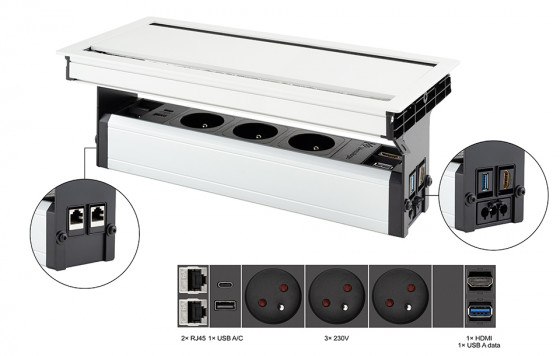 VersaFlap dual 2.0,3x 230V,2x RJ45,1x HDMI,1xUSB A/C,1xUSB data,white matte VersaFlap dual 2.0,3x 230V,2x RJ45,1x HDMI,1xUSB A/C,1xUSB data,white matte