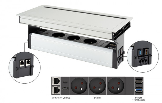 VersaFlap Mono 2.0, 3x 230V, 2x RJ45, 1x HDMI, 1xUSB A/C, 1xUSB data, elox cable VersaFlap Mono 2.0, 3x 230V, 2x RJ45, 1x HDMI, 1xUSB A/C, 1xUSB data, elox cable