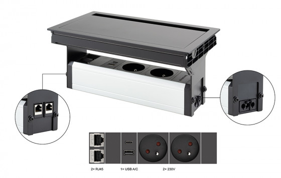 VersaFlap Mono 2.0, 2x 230V, 2x RJ45, 1x USB A/C, Matte Black VersaFlap Mono 2.0, 2x 230V, 2x RJ45, 1x USB A/C, Matte Black