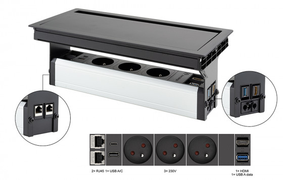 VersaFlap Mono 2.0, 3x 230V, 2x RJ45, 1xHDMI, 1xUSB A/C, 1xUSB data, matte black VersaFlap Mono 2.0, 3x 230V, 2x RJ45, 1xHDMI, 1xUSB A/C, 1xUSB data, matte black