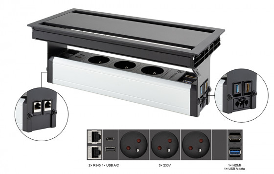 VersaFlap dual 2.0, 3x 230V, 2x RJ45, 1xHDMI, 1xUSB A/C, 1xUSB data, black matte VersaFlap dual 2.0, 3x 230V, 2x RJ45, 1xHDMI, 1xUSB A/C, 1xUSB data, black matte