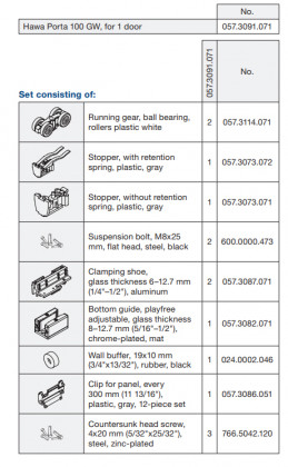 HAWA 057.3091.071 Porta 100 GW, fittings set for glass doors up to 100 kg