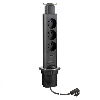 StrongPower electric socket pull-up, 3x 230V,  1x USB A/C, black, FR
