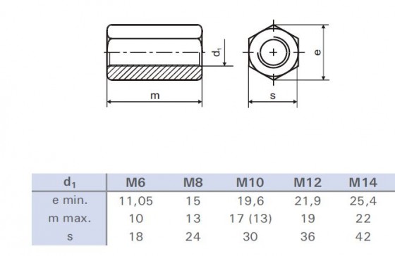 Extension nut M8x24 DIN 6334 zinc white