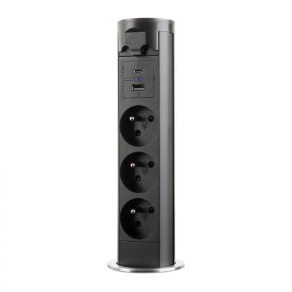 StrongPower elektricky výsuvná zásuvka 3x 230V Francouzská, USB A+C, černá