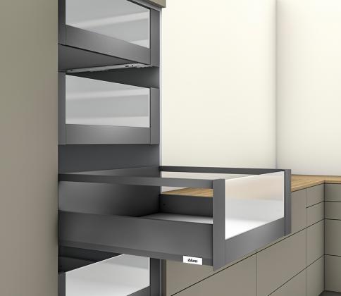 K-Blum Merivobox, Drawer E Railing 400Mm/40Kg, Dark Grey Og, Inner, Glass