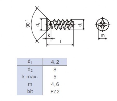 Euroscrew 6.3x11.5/8 countersunk head 8mm PZ2 zinc white