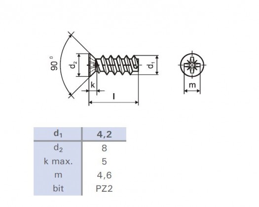 Euroscrew 6.3x19/8 countersunk head 8mm PZ2 zinc white