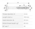 SPAX screw 8x450/80 disc head TXS, W, 4C, partial thread