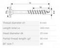 SPAX screw 8x340/80 disc head TXS, W, 4C, partial thread