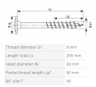 SPAX screw 8x200/80 disc head TXS, W, 4C, stainless steel A2, partial thread