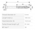 SPAX screw 6x100/61 disc head TXS, W, 4C, partial thread
