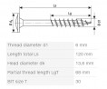 SPAX screw 6x120/68 disc head TXS, W, 4C, partial thread