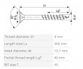 SPAX screw 8x360/80 countersunk head TXS,W,4C MH, partial thread
