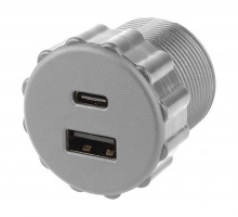 StrongPower USB A/C charger, 2 x charging outputs, diameter 35 mm, silver