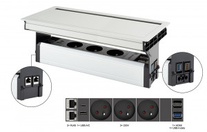 VersaFlap Mono 2.0, 3x 230V, 2x RJ45, 1x HDMI, 1xUSB A/C, 1xUSB data,anod alum