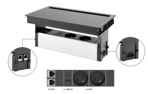 VersaFlap Mono 2.0, 2x 230V, 2x RJ45, 1x USB A/C, Matte Black