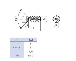 Euroscrew 6.3x19/8 countersunk head 8mm PZ2 zinc white