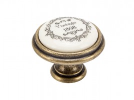 TULIP knob Vintage antique brass/beige porcelain/motive